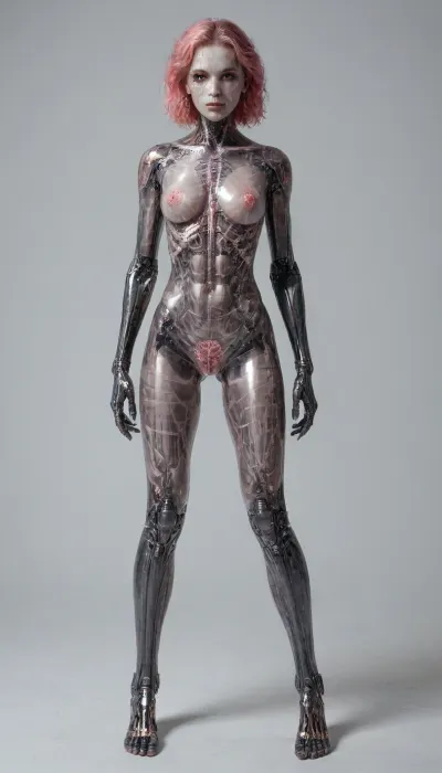 zoomed out full body portrait, ((Asian cyborg girl, transparent skull with visible wires and tubes and plasma:1)), (transparent pink LED robotic arms), robotic skeleton with visible LED robotic organs, many face scars and many tattoos, <lora:PAseer-SDXL-Transparent Robot:.5>
