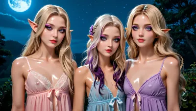 shaved pussy, much makeup, ((elven ears)), (body sheen:1.7), (glistening skin:1.6), violet eyeliner, Stunning skinny elven Women with very long blonde Hair, 20 years old, smileing, small boobs, white taint, blue eyes, 8K, highest quality, super detailed images, fine details, negligee, high resolution, night, flat, chested, makeup, eyeliner, eyelashes, <lora:340947_training_data:1>, <lora:289505_training_data:1>, <lora:Modern_MakeUp_XL_v0_1:1>