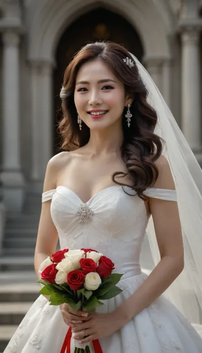 4K, outside gorgeous cathedral, smile, dynamic, (Ribbon bow in her hair), Bouquet, sexy tight luxury gorgeous wedding dress, ultra-detailed, ultra realistic Photo, ((Ultimate realistic photo)), (photorealism), ((detailed face)), (extreme long wave hair), (60 years old Korean MILF woman), full body view, lovely wedding photography style --v 6 --style raw