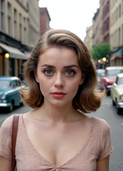Big beautiful eyes, natural face, natural body, walking down the street, 1950s ambiance.