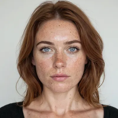 Neutral monotone white background. Shoulder-length portrait, passport photo., ((Lots of large beautiful freckles on the cheeks)), [[huge seductive full lips]], Woman, 35 years old, large beautiful blue eyes, long eyelashes, large full lips, white teeth, lots of freckles, lots of wrinkles. No makeup, natural beauty

Dirty, tangled, wavy shoulder-length hair, mixed red and brown colour.