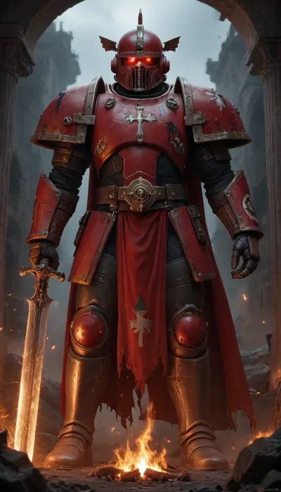 A towering Black Templar Space Marine clad in black power armor with white cross insignia, wearing a helmet with red glowing eyes, wielding a chainsword and shield, standing on a burning battlefield with gothic ruins in the background, dramatic lighting, ash and smoke, dark Warhammer 40k grimdark theme, ultra-detailed, realistic, no nudity, no suggestive content