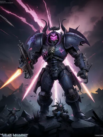 A grimdark scene in the Warhammer 40k universe. Chaos Space Marines of Slaanesh, known as Noise Marines, are performing a brutal concert atop a mountain of corpses. Their power armor is painted in vibrant and clashing neon colors — hot pink, purple, gold, and black — adorned with spikes, chains, and daemonic symbols. Each marine wields sound-based weapons that resemble electric guitars, massive speakers, or twisted instruments of war and music. The sky above is swirling with warp energies, glowing in chaotic hues of pink and violet. Lightning crackles as the corrupted air trembles from the sonic onslaught. Around them, dead bodies lie broken and bloodied, forming a grotesque audience. The marines are caught mid-performance — one screaming into a microphone fused into his helmet, another raising his sonic blaster to the heavens. Atmospheric, brutal, psychedelic chaos.