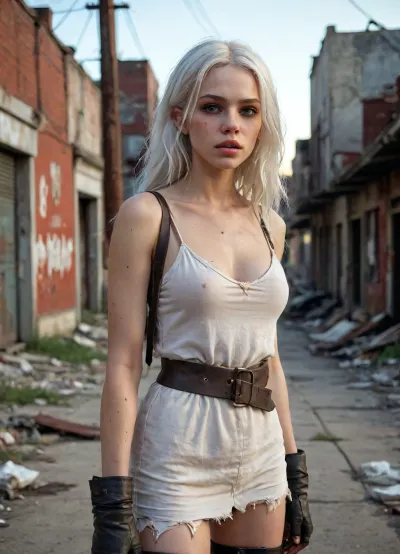 A post-apocalyptic city street, (ruined urban setting 1.3), littered with rubble, broken glass, and remnants of collapsed buildings, (abandoned cityscape 1.4), . A slender albino woman, (main character 1.7), with long white hair, (white hair 1.6), stands quietly behind a crumbling corner wall, her back to the scene, (spying pose 1.6), wearing a torn and weathered knit tunic, (damaged clothing 1.5), — frayed and stained with dirt and ash, accented by worn leather straps and a belt, (leather accessories 1.4), . Rugged lace-up boots, (boots with laces 1.4), keep her grounded as she leans slightly forward, peeking around the edge. She watches the chaos unfold with a calm, almost amused expression, (confident smirk 1.6), eyes sharp and calculating, showing no fear as a massive swarm of decaying zombie-like figures, (zombie horde 1.2), stumbles through the ruins ahead — arms flailing, mouths open, lifeless gazes fixed forward, some limping, others crawling over debris, (zombie crowd 1.1), . More emerge from alleyways and shattered windows, (distant zombies 1.3), unaware of her silent presence. The remains of a once-bustling city surround her — collapsed billboards, burned-out cars, broken street signs, (urban decay 1.4), all bathed in the dim glow of a red-orange sky, (sunset lighting 1.5), . Gritty atmosphere filled with tension, silence, and lurking danger, (stealth mood 1.6), . Hyper-detailed textures, (textures 1.4), on fabric, leather, concrete, and zombie flesh enhance realism. Cinematic stealth style, high detail, photorealistic rendering, 8K quality, trending on ArtStation, dark survival mood, wasteland observer vibe., <lora:SDXL_BetterFaces-LoRA_v1:1.4>, <lora:f1ngering:.8>, <lora:288407_training_data:.8>