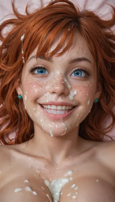 18 year old, cute petite, tiny body, redhead with bangs, messy hair, puffy wide mouth, puffy cheeks, freckles, wide blue eyes, colorful, delicate face, narrow hips, narrow shoulders, large breasts, detailed face, pale-pink bed, teasing pose, crazy smile, naked, close up, POV, sweaty face, asymmetrical eyes, asymmetrical smile, raises an eyebrow, thick layer of cum on her face, cum on her face, unrealistic amount of thick white cum across her face, thick cum on her nose, bukkake, cum, <lora:MS_Real_XL_Bukkake:2>, <lora:591413_training_data:2>