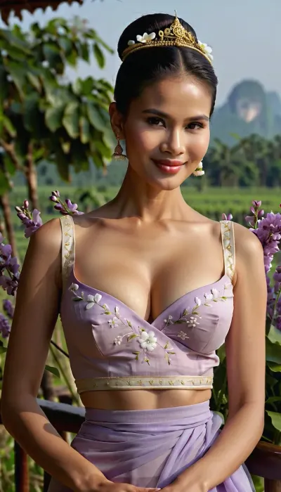 beautiful Laos woman, her presence as delicate as the morning dew. Her dark hair, styled in a sleek bun, framed her porcelain face. She wore a traditional sinh in shades of soft lavender and ivory, the fabric embroidered with delicate flowers. The high waistline accentuated her slender figure, the long skirt trailing gracefully behind her. Maly’s movements were fluid and precise, her every step exuding demure elegance. She smiled softly, her lips painted a pale pink, and her hands moved with practiced grace., (huge breasts:1.1), (athletic body:1.1), radiant smile, on an Olympic performance stage