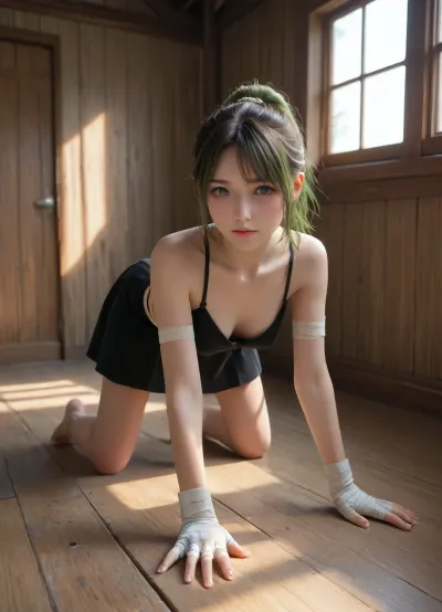 Wooden house, young girl, 1girl, purple eyes, green hair, hair in a ponytail, bandages on hands, black skirt, hands tied with rope, medium breasts, seductive look, blush, standing on all fours, slim, beautiful, perfect ass, 18 year old, crystal clear focus, sharp focus, cinematic lighting, octane render, hyper detailed hyper realistic natural petite cutie, the brightest image, complex 3d render ultra detailed, (pale skin), ((perfect body)), (rim light), vibrant details, hyperrealistic, anatomical