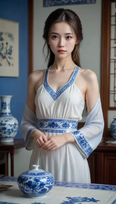 Slender figure, perfect body, firm round breasts, lost appearance, red cheeks and nose, delicate oriental face, big brown eyes, long brown wet hair, wearing wet gauze, standing in a Chinese-style study, looking at the blue and white porcelain vase on the table, (eyes on the blue and white porcelain vase), china, goddess, <lora:sdxl_chinagoddess:.8>