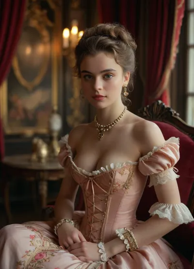 (masterpiece, best quality, ultra-detailed, photorealistic, HDR, every plane in sharp focus, all details highly defined), Eliška, noble young Czech woman, about 18 years old, with a refined and aristocratic face, very large almond-shaped hazel eyes, long curled lashes, thin arched brows, high cheekbones, straight slender nose, subtle rose blush high on her cheeks, small heart-shaped lips in soft rose, calm and regal smile, flawless porcelain skin, extremely long thick chestnut hair styled in an authentic late 1690s baroque coiffure, tall, powdered, with large structured side rolls, long ringlets cascading to her shoulders and back, elaborate side curls, lavishly decorated with wide silk ribbons in pastel tones, triple strands of pearls, gold and pearl hairpins, a small cluster of silk roses and violets, pronounced hourglass figure with, (large full tight breasts:1.2), ultra-narrow conical corseted waist, (fully revealed navel and bare waist, the full upper part of her very wide hips and thighs clearly visible:1.2), wearing a genuine 1690s white linen chemise blouse with gathered neckline, short ruffled sleeves, richly embroidered and boned stomacher, tightly laced conical baroque corset, ultra-short tartan overskirt styled as a modern mini skirt with velvet ribbon trim, sitting very low on the hips, revealing her navel, bare waist, and the upper part of her wide hips and thighs, sheer nude silk over-the-knee stockings with fine embroidered clocks, ivory Louis XIV shoes with high curved French heels and silver buckles, triple-strand pearl necklace, ornate gold bracelet, pearl drop earrings, gracefully seated on a grand carved baroque velvet chair in a magnificent Prague art café styled after 1690s Versailles, massive gilded wood paneling, ceiling and wall murals with mythological scenes, tall windows with heavy lace curtains, marble tables, crystal chandeliers, brass candelabra, fresh roses and violets, filtered sunlight, opulent Sun King baroque ambiance, makeup is refined and era-accurate, bright rose blush high on the cheeks, softly powdered skin, delicately defined eyes, soft rose lips, every finger of both hands precisely rendered with five distinct non-fused fingers, all facial features, eyes, and lashes perfectly defined, <lora:MJ52:1>, <lora:SDXLHighDetail_v6-000005:.8>, <lora:Microwaist_XL_v01:.8>