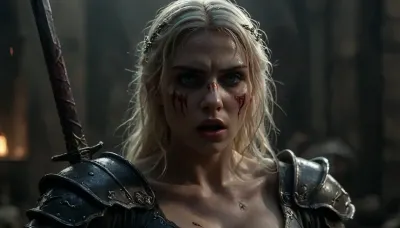 old elf blonde woman, big breasts, (huge boobs:1.2), dark makeup, blue eyes, short shoulder-length hair, view, full body, good hands, perfect fingers, (vagina), (shaved pussy), perfect nipples, Uber realistic, 8k, ultra detailed, masterpiece, old elf warrior, angry face, she screams, very long ears, army green elven armor, holding sword in right hand, full_helmet, crown, blood on the face, night, castle, closed_helmet, visor, (face covered:1.5), realistic detailed eyes, realistic detailed armor, realistic detailed body, realistic detailed skin, hkstyle, detailxl, <lora:add-detail-xl:2>, <lora:style_lora_realis:1.1>, <lora:dark:2>, <lora:hkstyleV5:.8>