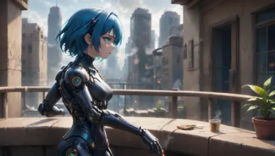 cyborg, blue hair, turquoise eyes, from the side, balcony, black leather clothes, smoking a cigarette
