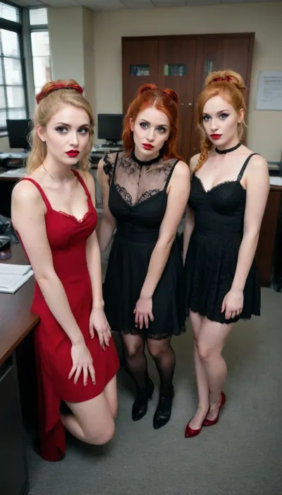 Hyperrealistic photo of 3 beautiful gothic women, (1 blonde, 1 brunette and 1 redhead), in their 20s, knealing, looking up at the viewer with doe eyes, wearing a dress, in an office, coming up from under a desk. Surprised look on their faces. Wearing red lipstick.
Hair in ponytail, pigtail or bunches. Sweaty. 38d breasts, barely managing to stay in their dresses.