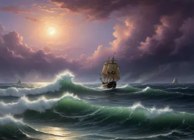 The painting is in the style of the Russian artist Ivan Konstantinovich Aivazovsky.The painting depicts a night storm at sea, in which a sailing ship got caught.

Huge waves surging over the raging sea occupy most of the picture. A small boat is struggling to withstand the powerful onslaught of the waves.

Clouds are rushing across the sky. The moon is visible between them, the cold and indifferent light of which illuminates the raging sea element, [1], .

While working on the painting, Aivazovsky used a unique combination of bright golden colors with dark, lilac-purple shades, which further emphasized the extraordinary beauty of the formidable and terrible elements. The stream of moonlight picks out huge ferocious waves from the darkness, throwing a thin web of golden light over them. It seems to the viewer that the full, bright moon broke through the veil of thick clouds in order to illuminate the terrible and beautiful game of the stormy sea.

The sailboat seems alien in the midst of the frenzied dancing of the waves. It seems that he uninvited intrudes into the pristine beauty of the raging sea and sky. The boat is unsuccessfully trying to escape from this beautiful trap, which seeks to crush and destroy, painted in the so-called oriental taste.