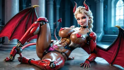 ((((Elsa from frozen)))), (((((African Skin))))), (sexy Succubus body:2), (cyborg breasts:2), (dragon legs:2), showing her gigantic breasts posing in sexy lingerie with a heartshaped womb tattoo on stomach, (((big curled horns))), (((big demon wings))), (((demon tail))), knee-high leather boots with turn-up collar, castle, full body, masterpiece, best quality 4k HDR high resolution realistic photograph, <lora:womb_tattoo_v6_SDXL:2>