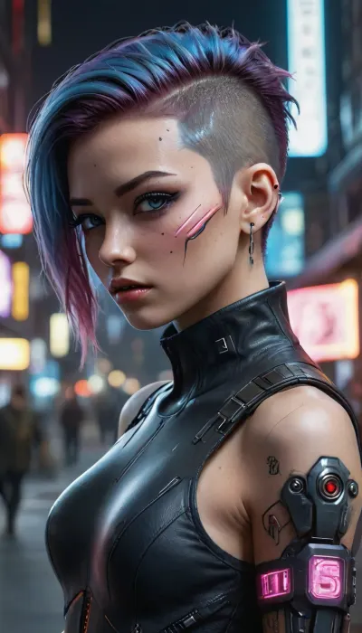 portrait of a young woman in cyberpunk style. She looks to the left, she has a short hairstyle, dyed blue with pink and red inserts. She has brightly colored hair on her head, which gives her a futuristic look.

The woman has noticeable makeup on her face, shiny eye shadow and sparkles on her cheeks. She also has an earring in her ear.

She's wearing clothes with shiny elements, maybe a vest or jacket. There's a tattoo on his shoulder.

Behind the woman's back, they are seen shimmering in different colors, which adds an element of fantasy to the image.

The background is blurred and consists of neon lights and other elements typical of cyberpunk aesthetics. Lighting creates a play of shadows and adds depth to the image., green, eyes, blue, brown, 2077_Style, <lora:2077_Style:.8>, mad-2cbrrm, mad-1cbrrm, <lora:Neon_Cyberpunk_Cyberarm_SDXL:.8>, cyberpunk, style, <lora:sdxl_cyberpunk:.8>, Portrait of a young woman in cyberpunk style. Short hairstyle in blue with pink and red inserts, brightly colored hair. Makeup with shiny shadows and sparkles, an earring in her ear. Shiny clothes, maybe a vest, with a tattoo. Blurred background with neon lights., <lora:cyber_aesthetic_sdxl:.8>, laura, (Cyberpoint:.8)