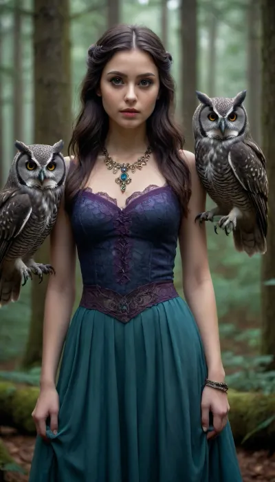 Young woman, late teens to early twenties, with long, dark, flowing hair, stands in a mystical forest. Her skin tone is light, and she wears a dark, detailed lace top, a dark fabric wrapped skirt, and multiple necklaces and armbands of dark, ornate jewelry. Expression is serious yet captivating, with a slight hint of mystery. Her facial features are delicate, large, expressive eyes, high cheekbones, and full lips. She holds two large, dark owls on her shoulders. Her body language is poised, and her posture is elegant. The environment is a shadowy forest, with diffused, teal-toned lighting, creating a mystical atmosphere. The background is filled with misty, dark trees, suggesting a deep, enchanting forest. Violet-purple ethereal flames surround her and gently fade into the background. The colors are primarily dark and muted, transitioning to cooler tones like teal and purple. The lighting is dramatic, highlighting the woman's figure and the owls' details. The composition is centered on the woman, with the owls acting as supporting elements. The style is anime-inspired, fantasy art, and digital illustration. The detailed textures of the woman's hair, clothing, and the owls are evident. The overall mood is mysterious, serene, and magical.