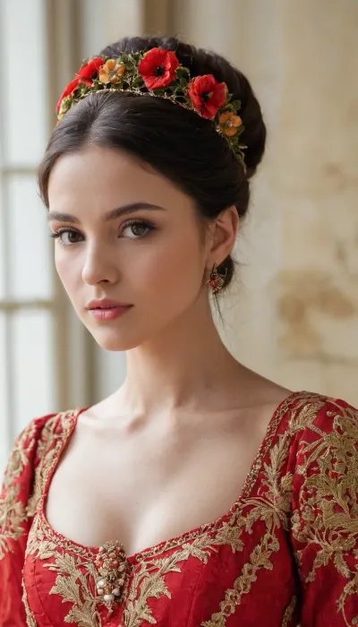 A young woman with a classic updo adorned with a vibrant red and green floral headband and impressive gold earrings is captured in a close-up portrait, standing gracefully indoors. The image is a striking close-up portrait of a young woman framed from the chest up, capturing her serene and slightly contemplative expression. She has fair skin, plump pink lips, and her gaze is directed straight ahead, with a hint of dark eyeliner enhancing the almond shape of her eyes and long dark lashes. Her dark brown hair is styled elegantly in an elaborate updo, with sections pulled back and voluminous, and a full fringe or bangs gently framing her forehead. A prominent feature is the colorful headband across her crown, adorned with bright red, yellow, and green floral elements, possibly poppies and leaves, adding a traditional or folk touch to her appearance. Complementing this, she wears long, ornate gold-toned chandelier earrings that dangle significantly, featuring intricate designs and possibly small green stones. These earrings catch the light, adding a touch of old-world charm. She is dressed in a dark, likely black, garment, possibly a traditional blouse or dress. The neckline is a scooped design with a white ruffled or gathered collar, which is intricately embroidered with red, and green floral patterns, echoing the design of her headband. Delicate white lace trims the edges of the white collar, adding to the rich detail. Toward the bottom of the visible garment, there's a hint of lacing in front, with black laces over a red fabric, suggesting a corset-like detail or part of a traditional bodice structure. Additionally, the sleeve of her garment, visible on her right side, also features rich, textured embroidery in It is autumn in the picture. Her hair and make-up are impeccable, creating an atmosphere of elegance and poise. The overall mood of the picture is calm and elegant, highlighting the beauty of the woman and the intricate details of her attire.