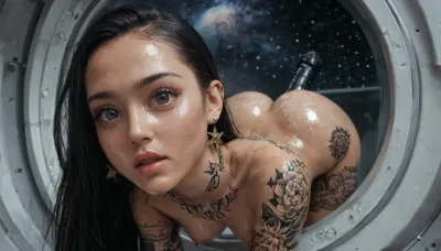 The setting is a space station orbiting stars and galaxies visible through a big window, a very cute russian astronaut, 48 years old, (very long black hair:1.3), japanese silky hair, hair parted in the middle, (forehead:1.3), (long face:1.3), (dark tattoos:1.3), nipple piercings, nose piercings, (oiled up skin:1.3), she has perky breasts and a small bubble ass, anal sex, anal penetration, giant massive horse dildo fucking her ass, medial ring, anal, giant massive Horse dildo with medial ring, deep anal penetration, oiled ass