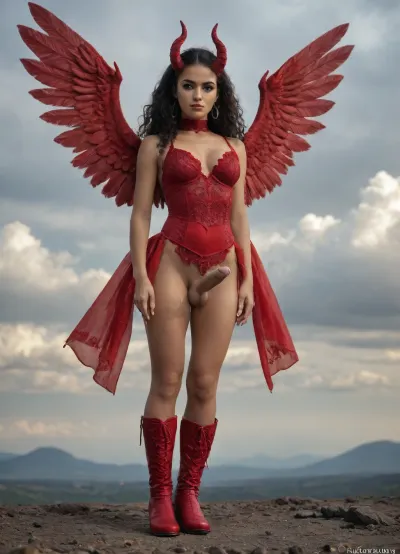((Beautiful Latina mulatto femboy with wavy black hair, perfect breasts, large erect penis, testicles, and perfect hands.), In a striking depiction of a demoness, an angel from hell, she smiles maliciously, flies among clouds, and is presented with exquisite detail, small horns, large translucent devil wings shine with an ethereal grace that contrasts starkly with the red combat boots she wears. red whip. This captivating image, whether an elegant painting or a charming photograph, radiates a sense of enchantment and wonder. The high quality of this piece accentuates every intricate detail. This takes place in the sky, gray clouds with random flashes are seen in the background and under her feet. Night photo)