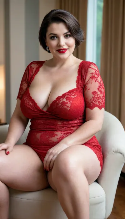 A 68-year-old plump woman in a sexy, depraved pose is sitting on a chair, she has curvy curves, wide hips, a big ass, a hairy crotch, large saggy breasts, she has her legs crossed, her legs are full, she is wearing a dress, no underwear, no panties, she has a sweet smile, short haircut, makeup, bright red lips