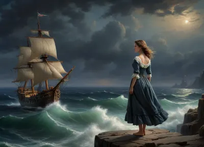 girl in fluttering tattered and torn medieval ragged dress stands on high cliff above sea, stormy sea in the right part of frame, sinking sailing ship on the horizon, girl looking out to sea, gale force winds, girl looking at sinking ship, view from distance, (oil painting in Aivazovsky style, night, nighttime, low lighting, highly detailed figure, at night, darkness)
