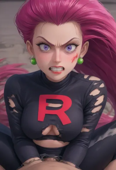 (jessie from team rocket getting fucked), pov, (1girl, (jessie, jessie_pokemon, earrings, team rocket uniform, white and black crop top, miniskirt, half naked, (((torn clothes))), very long hair, (Magenta hair), hair slicked back, (angry yandere face), (hands tied together))), 1boy, large cock, very high quality, vaginal sex, close up, (creampie), spreading legs, deep, huge penis, Jessie, <lora:breasts_slider_v10:1.1>, <lora:add-detail-xl:.6>, <lora:Jessie_pokemon:.8>, ghibli, art, style, <lora:ghibli-style_v0.2:.8>, missionary, vaginal, close, up, spreading, legs, exposed, breasts, <lora:MissionaryVaginal-v1-SDXL:.8>
