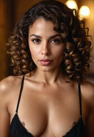Brazilian woman, 32 years old, dark brown curly hair with highlights one shade lighter, medium-toned light to dark hair, velvety skin, full lips, and a look of tenderness and passion.
The camera's view is from below, allowing a view of her entire vagina, which is open and wet., <lora:281928_training_data:.8>