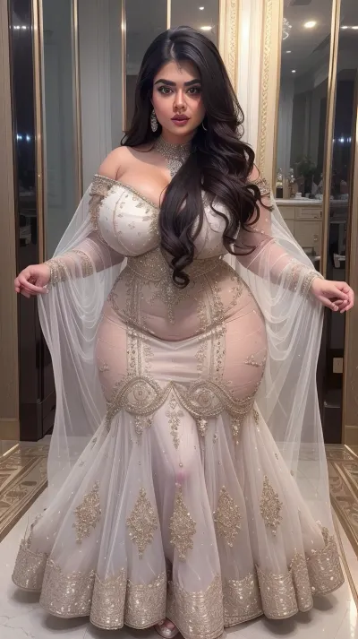 BBW extremely chubby Pakistani women, hyper colossal boobs, extremely large areola, extremely huge puffy nipple, extreme hyper colossal round butts, butts wider and larger than torso, thin waist, muscular abs, she wears a shiny transparent floor length bodycon gown without underwear, off shoulder neckline and extreme cleavage, back view, front view