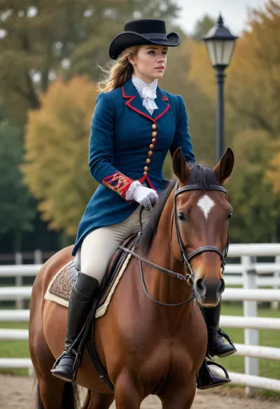 Highly detailed image, bright saturated colors, 8K quality, A girl in a late 18th-century, ((riding outfit sits sideways on a horse in a side saddle)), holding a whip in her hand, ((the horse jumps over a barrier))