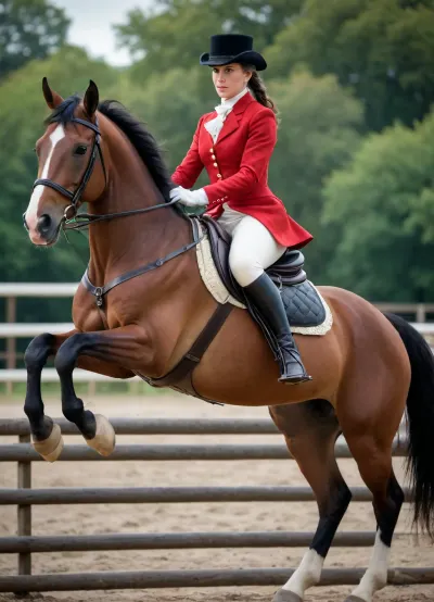 Highly detailed image, bright saturated colors, 8K quality, A girl in a late 18th-century, ((riding outfit sits sideways on a horse in a side saddle)), holding a whip in her hand, ((the horse jumps over a barrier))