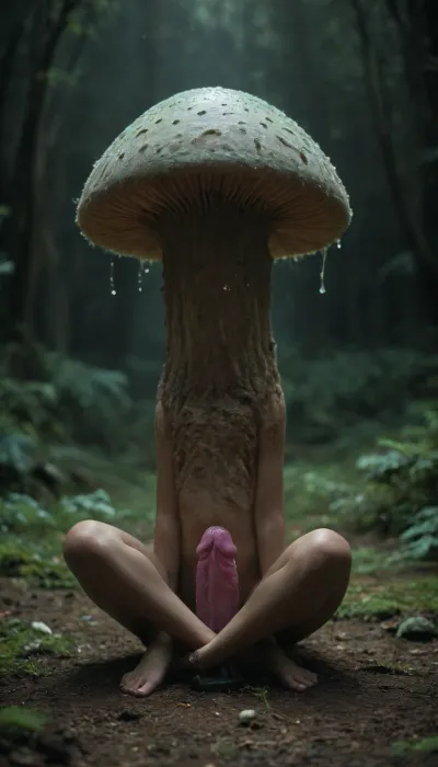 Distance view from drone showing a mystical hollow. Mushrooms glow in different colours, cyan glows about the ground, pink atmosphere, 18 year old girl with a huge dildo sitting on a tiny island, <lora:bird-view_v1:.8>, <lora:dark:.8>