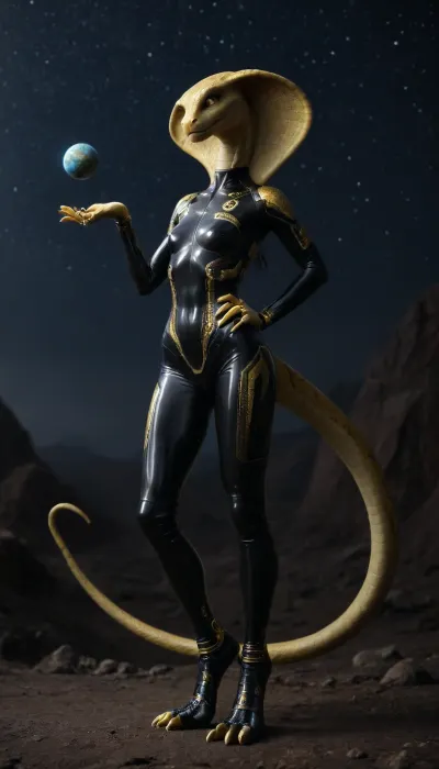 Photographic quality, ultra-realistic images, excellent detail, (Alien landscape), (night Very bright starry in sky:1.7), (very huge A planet with a ring in horizon:1.5), (the wreckage of the spaceship in the background:1.5), full-length shot. Alien, female, ((very large yellow snake eyes)), look at viewer, smile, tiny, (toned body:1.5), (slim:.3), small breasts, three fingers on each hand, narrow waist, very detailed scaly, glossy skin with a green tint, ((The snake's tail)), (long furry Legs:1.3), Feet shoulder-width apart, (Long ankles:1.3), Standing half-turned, one hand on her hip, looking at the viewer, (in a Futuristic tight armored, (Closed color latex suit), , , with yellow inserts:1.5), (Tight-fitting space pants:1.3), (exoskeleton:1.5), (Black High-top Military boots), (side view:1.1), (cobra), <lora:snake_v1:1>, <lora:peau_de_serpent:.8>, <lora:snake_eye:.8>, <lora:dark:.1>