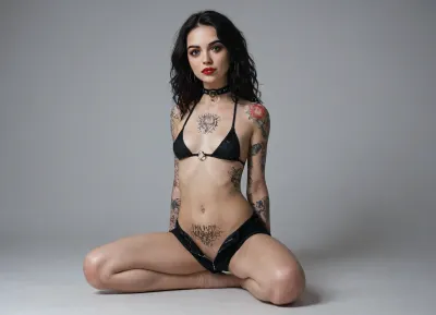 {exactly same caracters face, (same eyebrows), same eyes, same look, same mouth, same nose, same hair, 18 year old, narrow face, tattoos on face, green eyes, long legs, very long wavy black hair, small breasts, breasts covered in tattoos, long, hair color raven rainbow, (facial expression cute), light smile, (thin neck), (tattoo, many tattoos, arms tattoo, legs tattoo, stomach tattoo, shoulder tattoo), slutty, (full steel ring collar), (goth make-up), (red lipstick), nipple rings, full body tattoos}, very minimalist* top black bikini, no panties, unzipped black shorts pull down, LydiaB, <lora:909663_training_data:1.9>