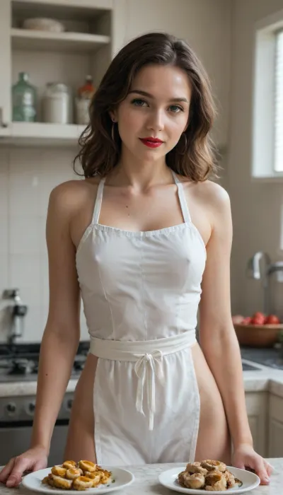 This is a high-resolution photograph of a semi naked woman standing in a modern kitchen wearing an apron with her breasts exposed. She is a fair-skinned Caucasian woman with a slim figure, small breasts, and a large pubic bush. Her hair is styled in classic, voluminous waves, reminiscent of 1950s Hollywood glamour. She wears bright red lipstick and has a confident, slightly seductive smile. The kitchen background features white cabinets with chrome handles, a beige countertop, and a red curtain in the background. On the countertop to the left, there are two glass jars containing what appears to be a yellow substance, possibly a condiment or a sauce. To the right of the woman, a modern silver stand mixer is visible, suggesting a contemporary setting. The lighting is bright and even, highlighting her skin tone and the textures of the kitchen elements. The image is professionally shot, with a focus on the woman’s figure and the kitchen setting, providing a sense of both domesticity and allure. The overall mood is warm and inviting, with a hint of vintage nostalgia.
