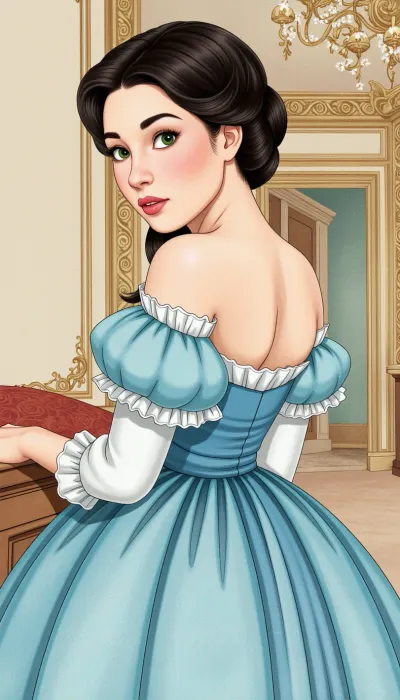 Whimsical watercolor portrait of pensive Scarlett O'Hara in a sky-blue dress, 1860s, dark long hair, makeup, ((very full lips)), huge green eyes, view from behind, Soft, diffused lighting, american palace background. Art Nouveau/animation style, visible brushstrokes. Wide-angle.