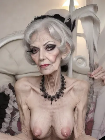 Skinny anorexic old slut, 90 years old granny, heavy makeup, false eyelashes, mascara, deepthroat, bukkake, gang bang, massive long floppy saggy tits