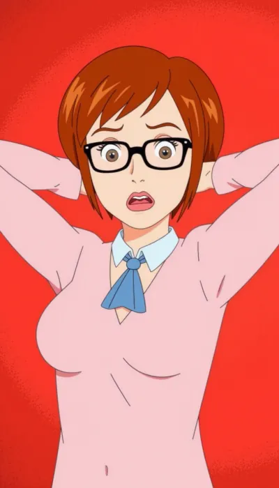 A cartoon female character with short, coppery red hair, pale skin, wearing black-rimmed glasses, a light pink collared shirt with a v-neck, and a light blue ascot or scarf tied around her neck, throwing her hands up in a gesture of confusion or exasperation, with her mouth slightly open, in front of a plain red background. Style, Classic Cartoon Animation, 2D Animation, Cel Animation Lighting, Flat, Even Lighting Composition, Medium Shot, centered Details, Bold Outlines, Simple Shading, Expressive Facial Features, Wondering Expression Quality, High Quality Cartoon, Vibrant Colors
