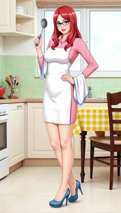 A fair-skinned woman with red hair, wearing eyeglasses, a pink long-sleeved shirt, a white apron, and blue high heels, holding a ladle in her right hand and placing her left hand on her hip with a white and blue striped cloth draped over her left forearm, standing confidently in a kitchen setting. Style, Cartoon Style, Anime Art Lighting, Bright, even lighting. Composition, Full body shot, eye-level angle. Details, The kitchen includes a light green tiled wall with a faint circular pattern, a white stove with a red teapot, white cabinets, a large window, a dark wooden chair, and a table with a yellow and white striped tablecloth. The woman has full lips, defined breasts, and visible muscle tone in her legs. Quality, High Detail, Vibrant Colors, Clean Linework, Professional Look