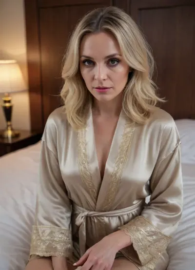 40 yo ukrainian woman, (low hairline), blond, brown eyes, looking very sad because her husband is going out for drinks with his friends instead of spending time with her, affair, luxury robe, kneeling on bed, pantyhose