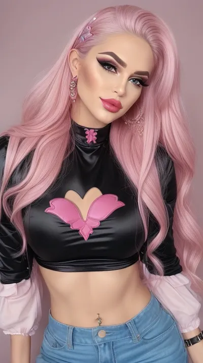 Man that has been heavily feminized and bimbofied. Smooth face and body with heavy makeup. Trashy and revelating clothes, (girly colors), . Dumb face. Visible bulge.