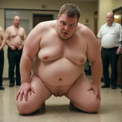 A obese man on all fours naked and locked in chastity wearing a collar. Several men fucking him in public view. Tears streaming down his face. Orgy, cumshot, cum on the floor