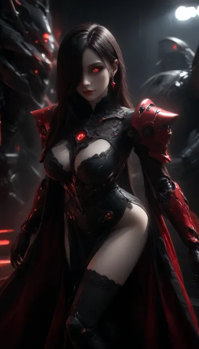 (girl standing in a spaceship with red lighting:1.3), (black sclera eyes), (black hair), (perfect long flat hair), ((robotic black mecha robotic armor:1.5)), ((very pale skin:1.5)), earrings, (perfect big beautiful eyes:1.8), (perfect face:1.3), (8k), (extremely dark spaceship), dark, chiaroscuro, low-key, UHD 8K, extreme realism, maximum detail, Gothic girl, cute, charming girl, looking directly at the viewer, a light inviting smile, slender figure, black+red, beautiful elastic ass, sexy feminine hips, sexy legs, black stockings, red glowing pupils, all in black+red shades, (Multicolour Hairstyle), black+red eyes, black+red makeup, black+red jewelry, black+red glowing background, multicolour glossy black+red, ((big breasts)), ((dynamic pose)), ((perfect breasts)), ((hair hanging over one eye:1.5)), ((perfect face)), focus on face, ((fully clothed:1.3)), ((perfect ass)), ((dynamic Pose)), Stockings, <lora:Mecha_Ggorgeous_Armor-000011:1.5>, <lora:Image Enhancer XL Extreme v1:.1>, <lora:zavy-cntrst-sdxl:.8>, <lora:dark:.1>, long legs, ((Standing))