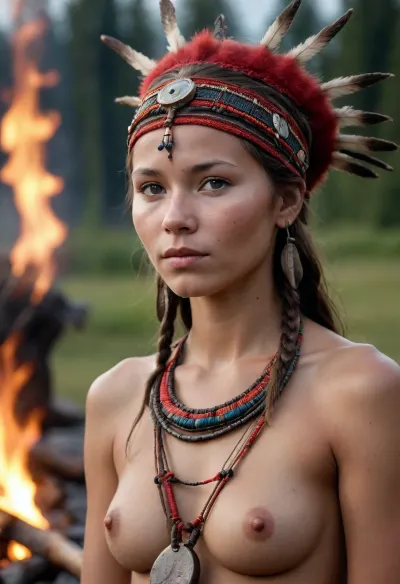 High quality image, photorealistic, super detailed, masterpiece, 8K, midnight sun, incredibly skinny, young native sami woman, shaman, traditional headwear, near a fire, nipple slip, front view, super quality