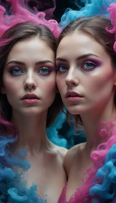 Two female faces, young adult, ethereal, merged. Neon-blue and neon-pink hues dominate, creating a vibrant, otherworldly feel. The faces exhibit intense emotions, both mysterious and captivating. Eyes are wide, piercing, and with glowing, intense colors. One half of each face is illuminated in deep blue tones, the other in strong magenta-pink. A variety of small, monstrous figures, with sharp features and dark tones, surround the main subject, as if they are part of the main subject. The faces appear to be floating in a dark, misty medium. The background is textured with swirling, translucent, ethereal smoke or energy, in similar neon colors. The composition is complex, emphasizing the merging of the two faces and the surrounding figures. The perspective is close-up, focusing on the intricate details. Facial expressions are intense and mysterious, creating a surreal atmosphere. The style is digital art, blending surrealism with a touch of fantasy, using glowing colors. The textures are smooth and digital, no physical textures, but a blend of digital, hazy textures, giving a luminous effect. The figures are posed in motion, appearing as if they are caught mid-movement, enhancing the sense of dynamism. The mood is haunting, yet captivating, with a mixture of ethereal beauty and subtle unease. The art style is a digital illustration, surrealist, otherworldly.