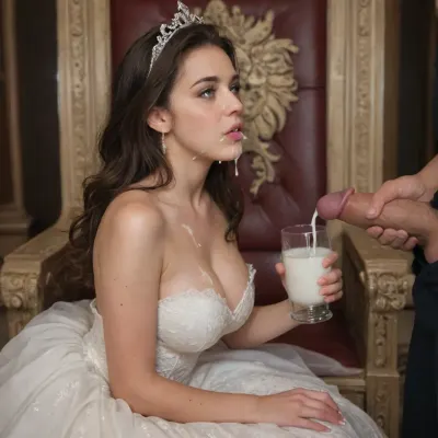 Masterpiece, high Quality, brunette, dark long hair, queen sitting on her Throne, behind her u can See a majastic Throne room, she is wearing a mediaval dress, she wears a beautiful crown, her mouth is open, a man cums in her mouth, in her left hand she is Holding a glass full of milk, a man cums in her glass of milk, from all around her are man coming on her, massive cum, massive bukakke, bukkake, cum, <lora:MS_Real_XL_Bukkake:2>