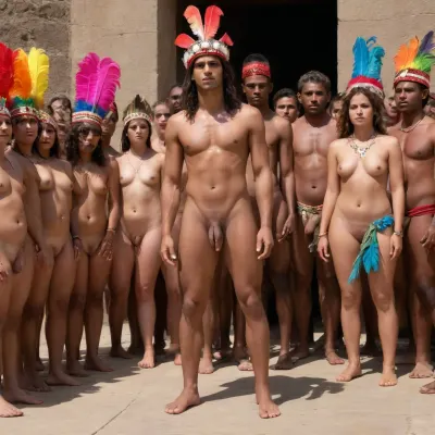 A group of nude, slightly dark-skinned young women stand at attention on one side facing a slightly dark-skinned preColumbian priest, who is nude, (large cock), except for a headdress of brightly colored bird feathers, while another group of nude, slightly dark-skinned young men stand at attention facing the priest from the other side, at the center of an outdoor amphitheater half filled with topless spectators in native dress at noon on a sunny day., <lora:xpenis-1.5e:.8>