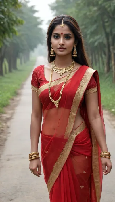A sexy indian bhabhi standing on a village road, she is wearing a red transparent expensive saree with gold embroidery, her hairs are open, gold chain in her neck, sindur, bangles, asking for a lift