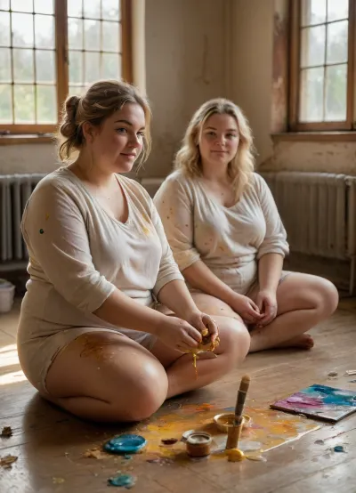 A young blonde fat woman with paint-smeared hands and a young tousle-haired chubby woman in linen clothes adorned with vibrant oil splatters sit cross-legged on a sunlit art studio floor, their arms wrapped around each other as they collaboratively guide brushes across a shared canvas. Golden afternoon light pours through arched windows, casting honey-toned glows on their contented smiles and illuminating scattered brushes, color-smeared palettes, and half-finished dreamscapes around them—where realistic details merge seamlessly with impressionistic swirls of texture in the warm, creatively charged atmosphere.
