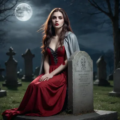 Beautiful Vampire on Gravestone in Moonlight
This image shows a beautiful female vampire with long hair sitting on a gravestone. She wears a red dress and silver cloak in the moonlight, rendered as detailed fantasy concept art., <lora:Style_eyes _and_hair_XL-v2:.8>
