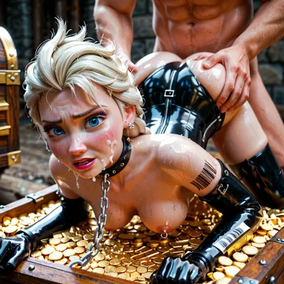disney, frozen, elsa, sweaty, defeated, pleading, desperate, medium breasts, head trapped in a treasure chest, face down ass up, ripped clothes, embarrassed, bondage, fetish, leather, latex, humillated, collar, leashed, captured, chained, perfect ass, fucked from behind by man, doggy position, bdsm, grabbing arms, facial, cum on boobs, surrounded by guards, barcode tattoo, pierced nipples